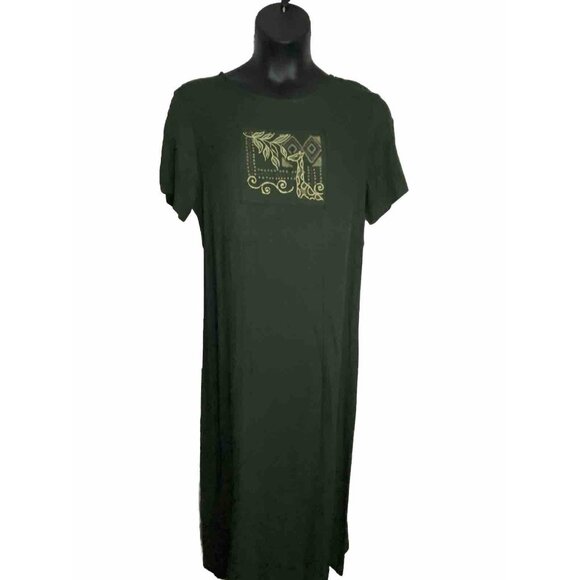 Vintage Teddi Green Size XL Giraffe Block Print Maxi Dress Modest Cottage Rayon - Picture 1 of 11